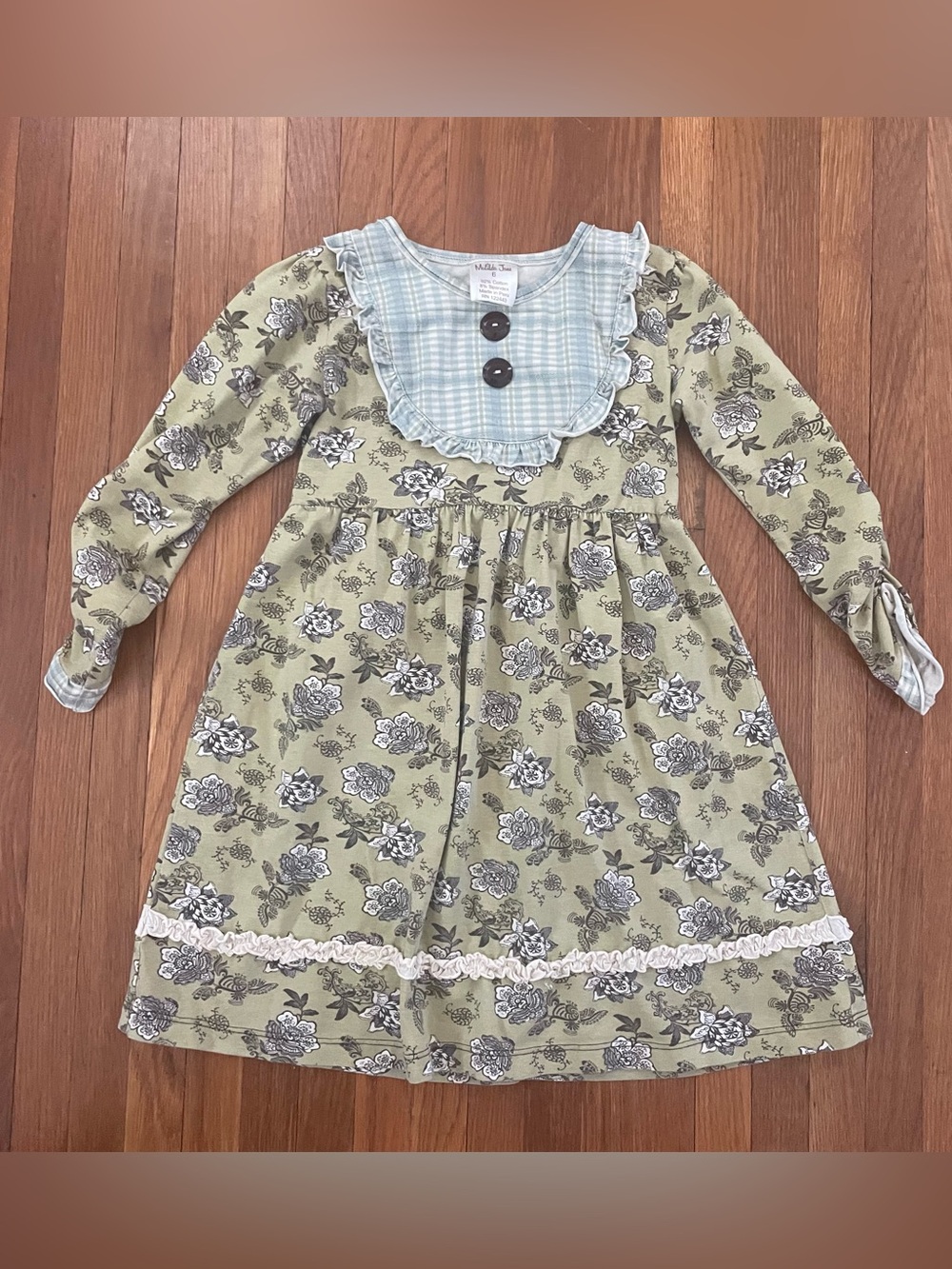 Matilda Jane Olive Sally Floral Dress with Blue Gingham Bib